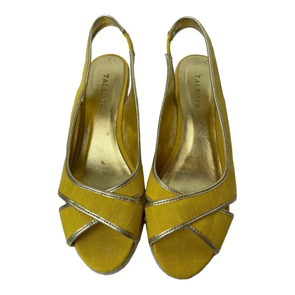 Talbots Lyndsay Yellow Canvas Peep Toe Sling Back Espadrille‎ Wedge Size 9.5